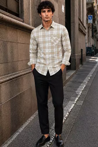 Men's Checkered Printed Spread Collar Casual Wear Brown Shirt