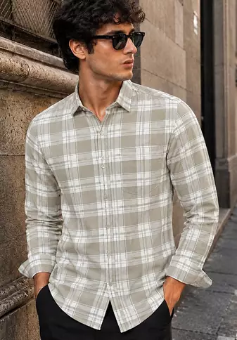Men's Checkered Printed Spread Collar Casual Wear Brown Shirt