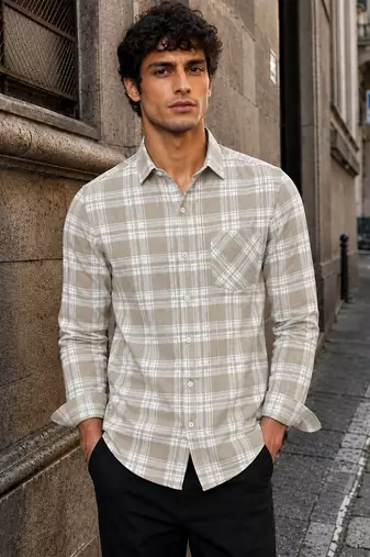 Men's Checkered Printed Spread Collar Casual Wear Brown Shirt