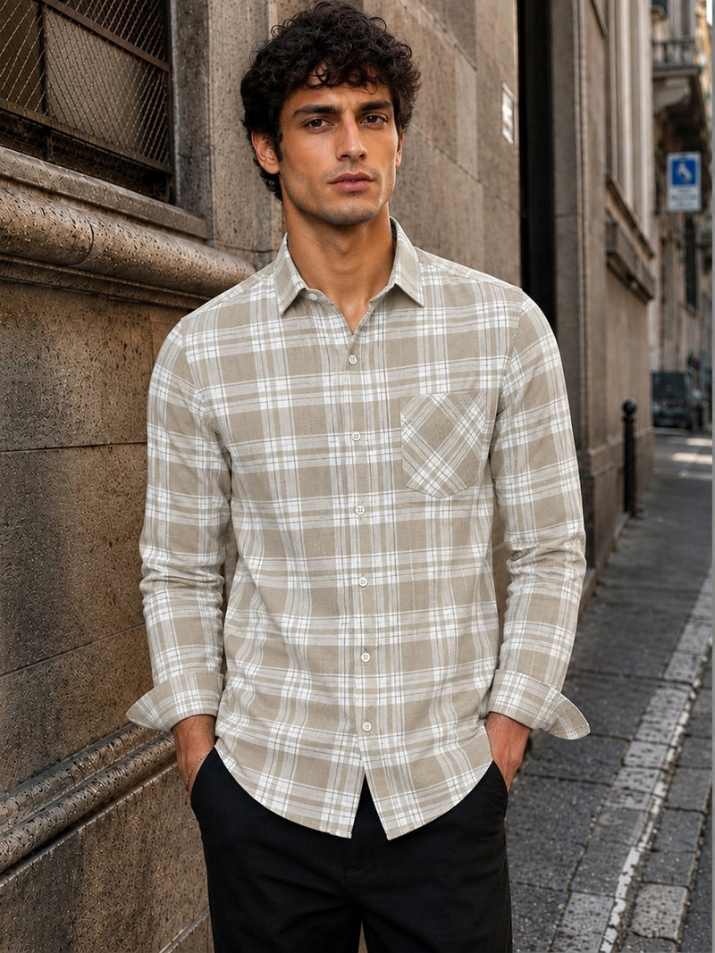 Men's Checkered Printed Spread Collar Casual Wear Brown Shirt