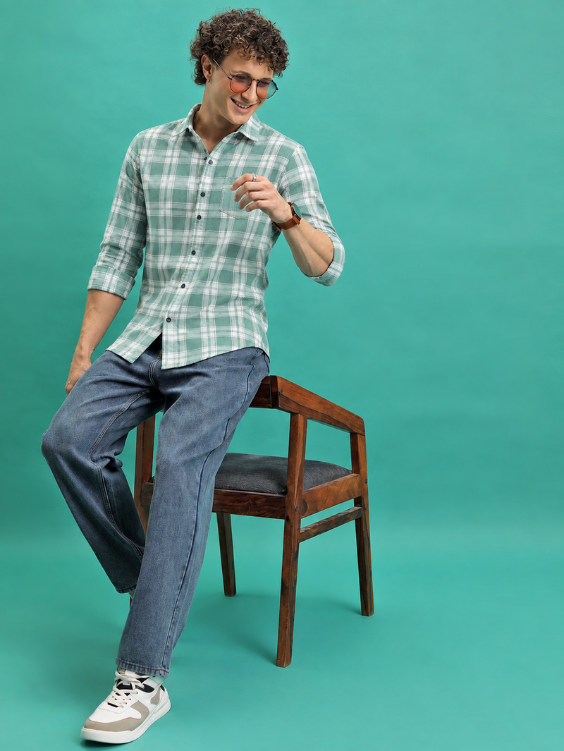 Men's Green Checkered Printed Casual Shirt