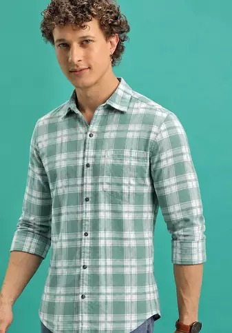 Men's Green Checkered Printed Casual Shirt