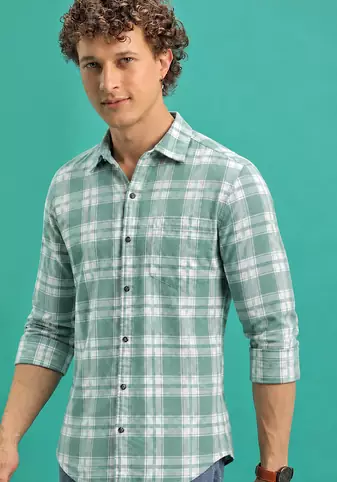 Men's Green Checkered Printed Casual Shirt