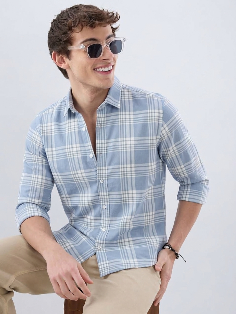Men's Checkered Sky Blue Shirts