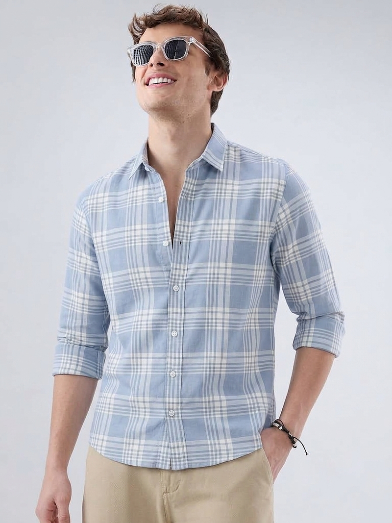 Men's Checkered Sky Blue Shirts