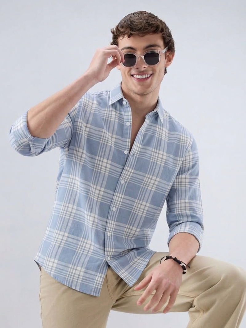 Men's Checkered Sky Blue Shirts