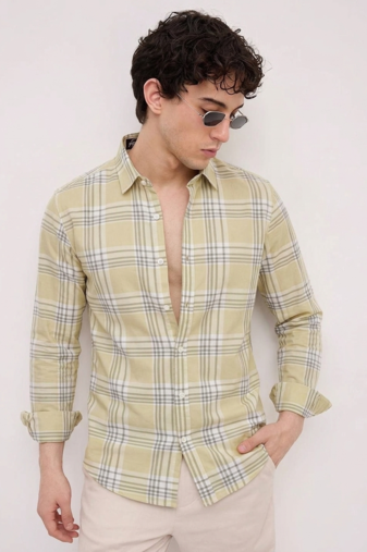 Yellow Checkered Casual  Men's Shirt