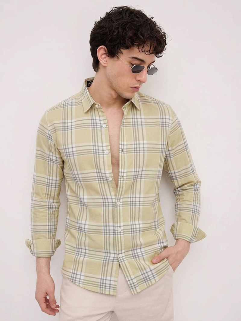 Yellow Checkered Casual Designer Men's Shirt