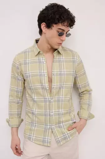 Yellow Checkered Casual Designer Men's Shirt