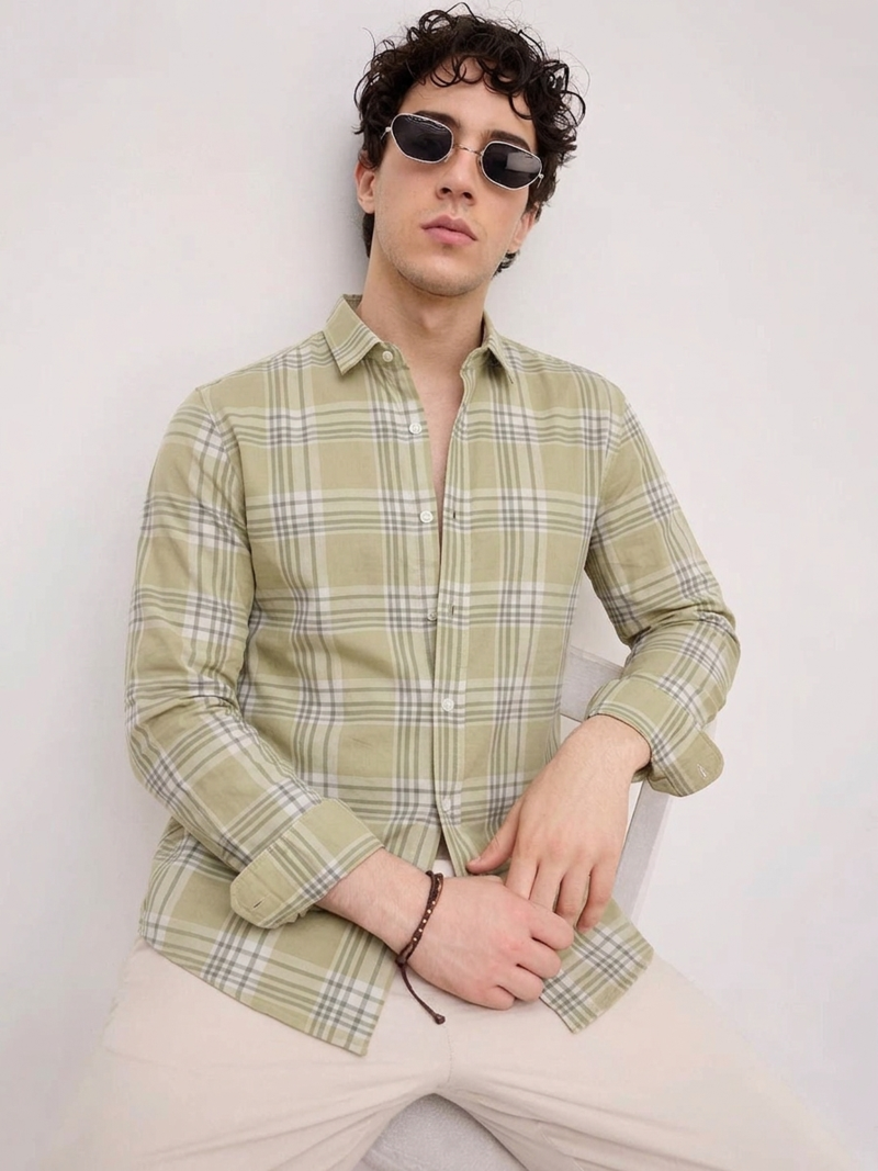 Yellow Checkered Casual Designer Men's Shirt