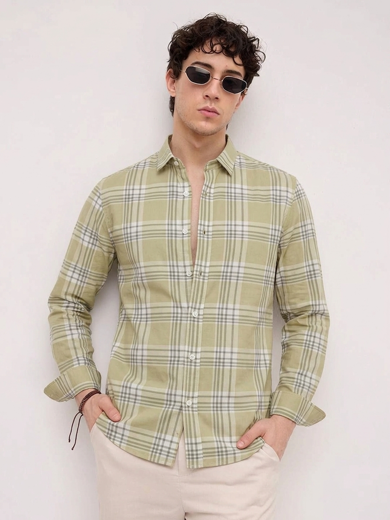 Yellow Checkered Casual Designer Men's Shirt