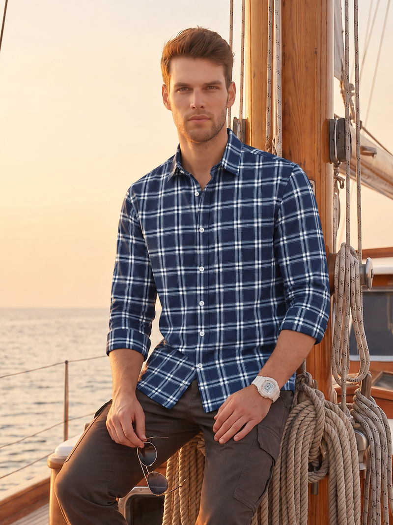 Blue Checkered Printed Casual Designer Men's Shirt