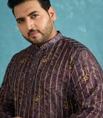 Men’s violet silk blend printed kurta with trouser set – stylish ethnic wear for wedding & festive occasions