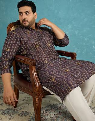 Men’s violet silk blend printed kurta with trouser set – stylish ethnic wear for wedding & festive occasions 2