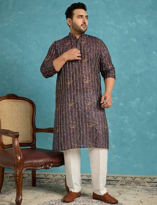 Men’s violet silk blend printed kurta with trouser set – stylish ethnic wear for wedding & festive occasions 3