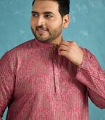Men’s pink silk blend printed kurta with trouser set – stylish ethnic wear for wedding & festive occasions