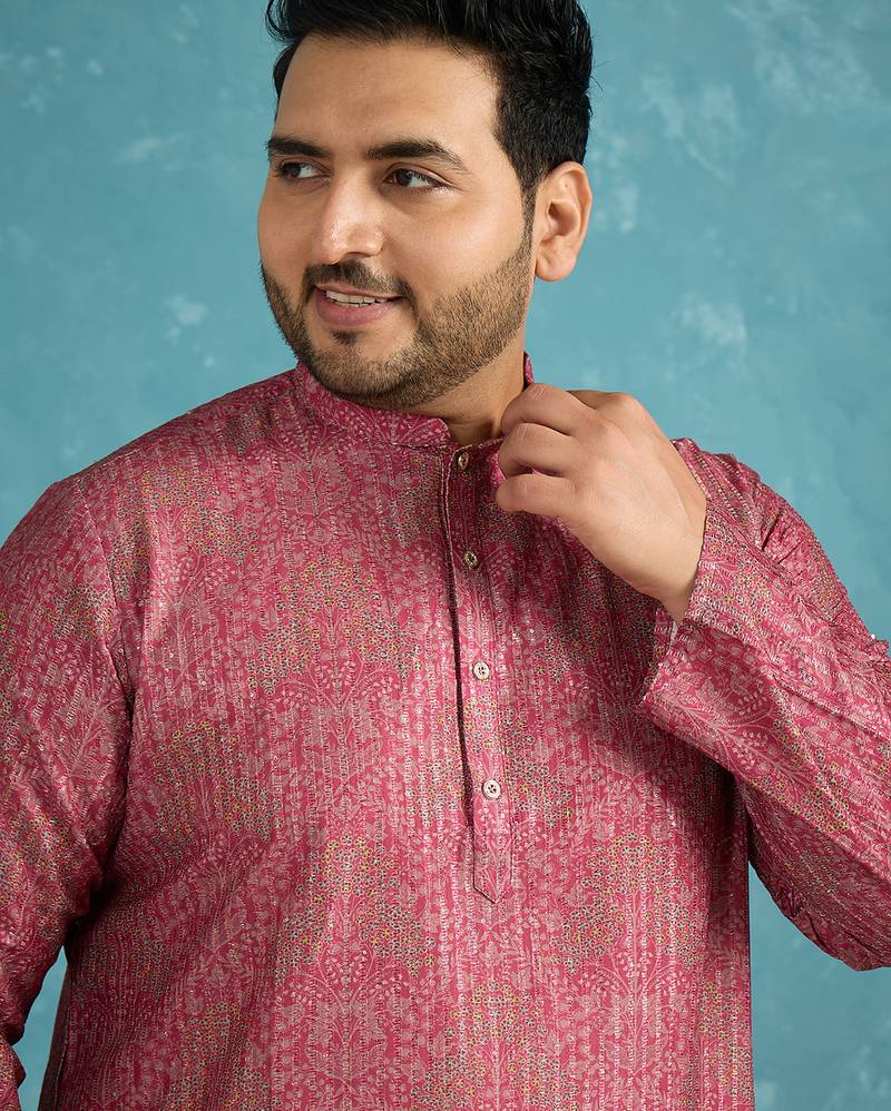 Men’s pink silk blend printed kurta with trouser set – stylish ethnic wear for wedding & festive occasions