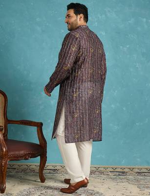 Men’s violet silk blend printed kurta with trouser set – stylish ethnic wear for wedding & festive occasions 4