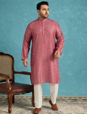 Men’s pink silk blend printed kurta with trouser set – stylish ethnic wear for wedding & festive occasions 2