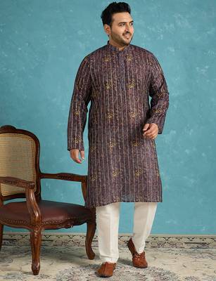 Men’s violet silk blend printed kurta with trouser set – stylish ethnic wear for wedding & festive occasions 5