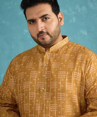 Men’s mustard silk blend printed kurta with trouser set – stylish ethnic wear for wedding & festive occasions 1