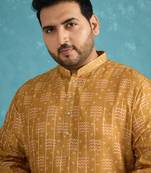 Men’s mustard silk blend printed kurta with trouser set – stylish ethnic wear for wedding & festive occasions