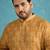 Men’s mustard silk blend printed kurta with trouser set – stylish ethnic wear for wedding & festive occasions