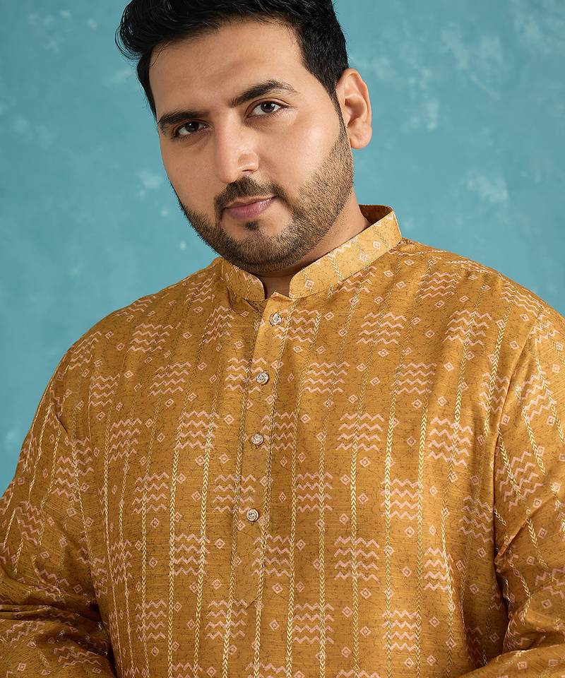 Men’s mustard silk blend printed kurta with trouser set – stylish ethnic wear for wedding & festive occasions