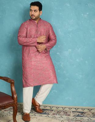 Men’s pink silk blend printed kurta with trouser set – stylish ethnic wear for wedding & festive occasions 3