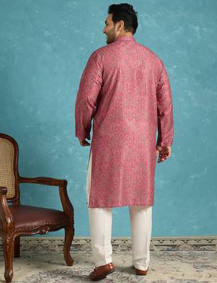 Men’s pink silk blend printed kurta with trouser set – stylish ethnic wear for wedding & festive occasions 4