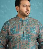 Men’s blue silk blend printed kurta with trouser set – stylish ethnic wear for wedding & festive occasions