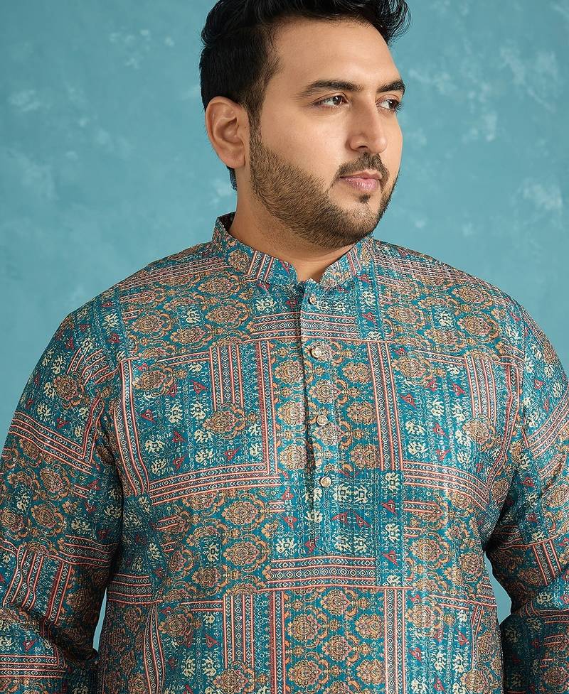 Men’s blue silk blend printed kurta with trouser set – stylish ethnic wear for wedding & festive occasions