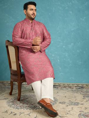 Men’s pink silk blend printed kurta with trouser set – stylish ethnic wear for wedding & festive occasions 5