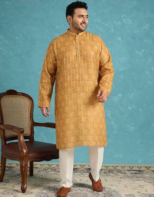 Men’s mustard silk blend printed kurta with trouser set – stylish ethnic wear for wedding & festive occasions 3