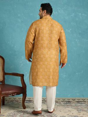Men’s mustard silk blend printed kurta with trouser set – stylish ethnic wear for wedding & festive occasions 4