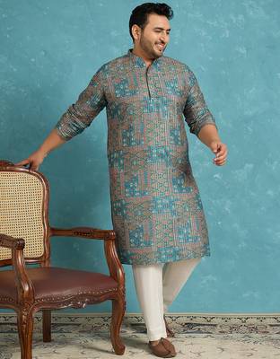 Men’s blue silk blend printed kurta with trouser set – stylish ethnic wear for wedding & festive occasions 2