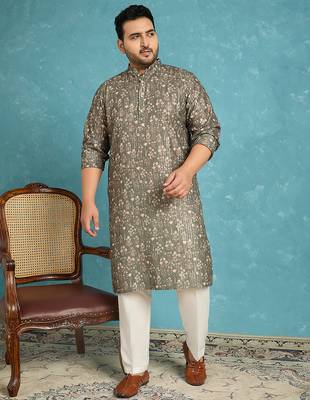 Men’s olive silk blend printed kurta with trouser set – stylish ethnic wear for wedding & festive occasions 1