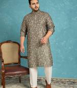 Men’s olive silk blend printed kurta with trouser set – stylish ethnic wear for wedding & festive occasions