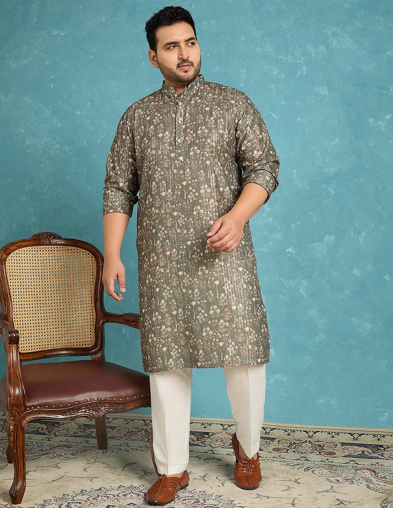 Men’s olive silk blend printed kurta with trouser set – stylish ethnic wear for wedding & festive occasions