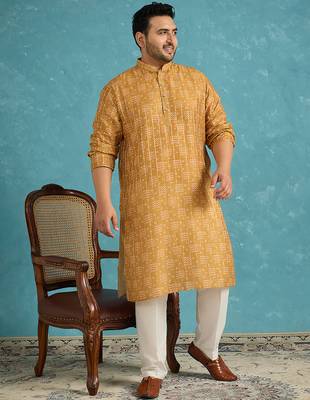 Men’s mustard silk blend printed kurta with trouser set – stylish ethnic wear for wedding & festive occasions 5