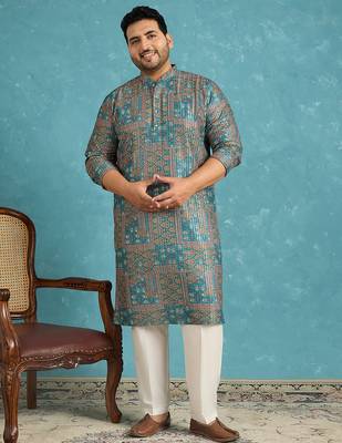 Men’s blue silk blend printed kurta with trouser set – stylish ethnic wear for wedding & festive occasions 3