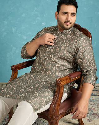 Men’s olive silk blend printed kurta with trouser set – stylish ethnic wear for wedding & festive occasions 2