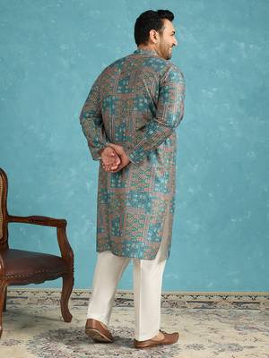 Men’s blue silk blend printed kurta with trouser set – stylish ethnic wear for wedding & festive occasions 4