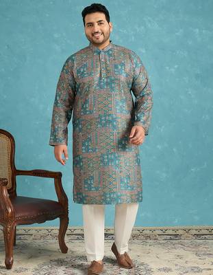 Men’s blue silk blend printed kurta with trouser set – stylish ethnic wear for wedding & festive occasions 5