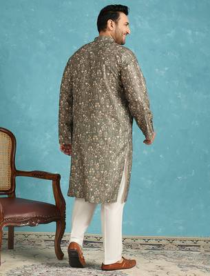Men’s olive silk blend printed kurta with trouser set – stylish ethnic wear for wedding & festive occasions 4