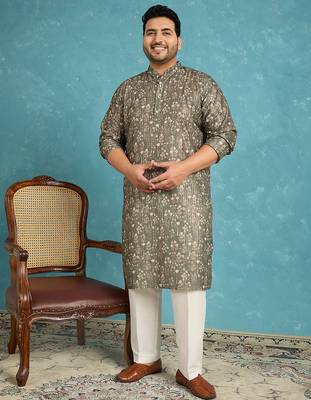 Men’s olive silk blend printed kurta with trouser set – stylish ethnic wear for wedding & festive occasions 5