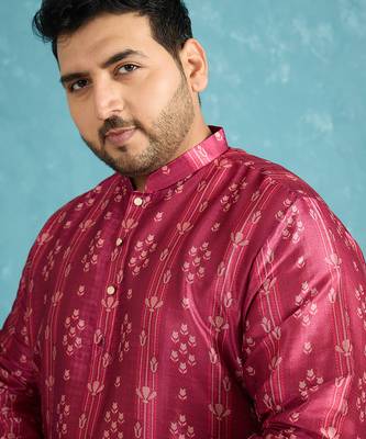Men’s purple silk blend printed kurta with trouser set – stylish ethnic wear for wedding & festive occasions 1