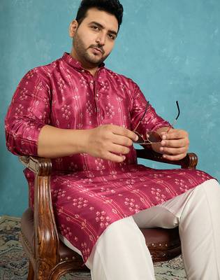 Men’s purple silk blend printed kurta with trouser set – stylish ethnic wear for wedding & festive occasions 3
