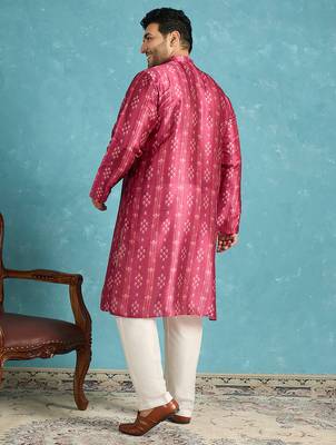 Men’s purple silk blend printed kurta with trouser set – stylish ethnic wear for wedding & festive occasions 4