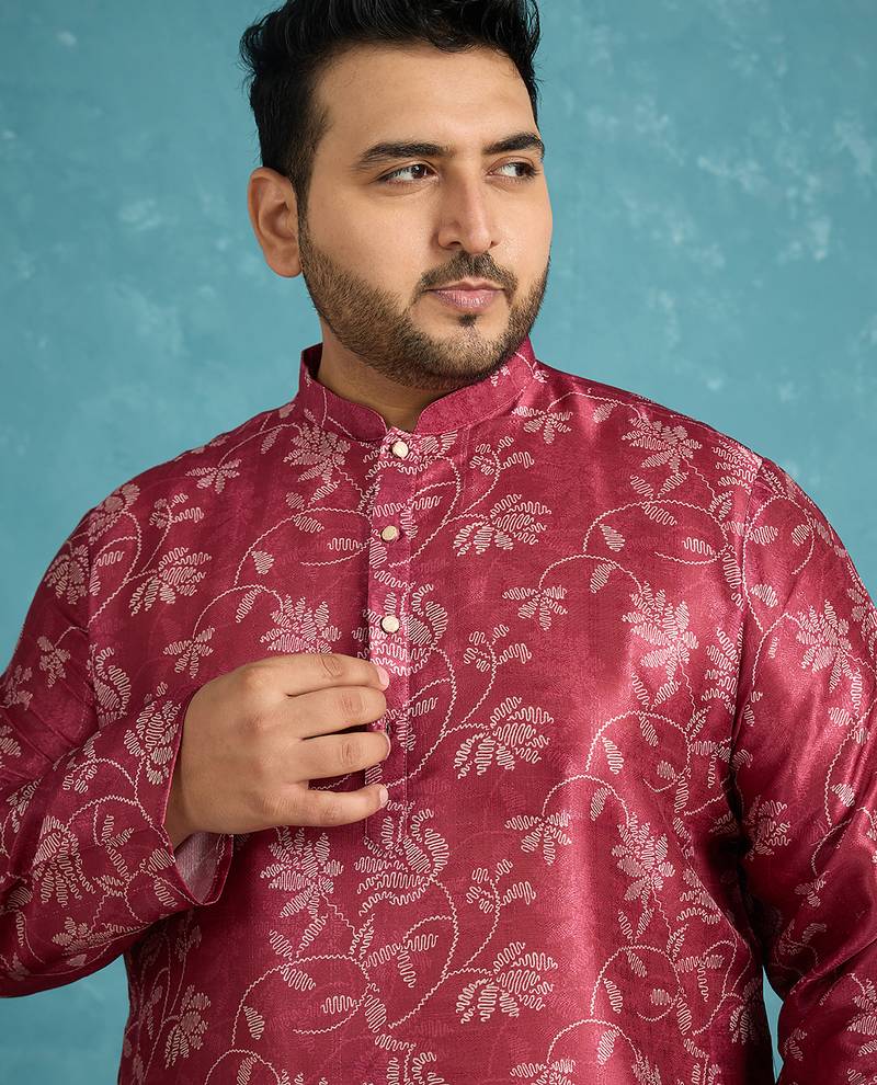 Men’s maroon silk blend printed kurta with trouser set – stylish ethnic wear for wedding & festive occasions